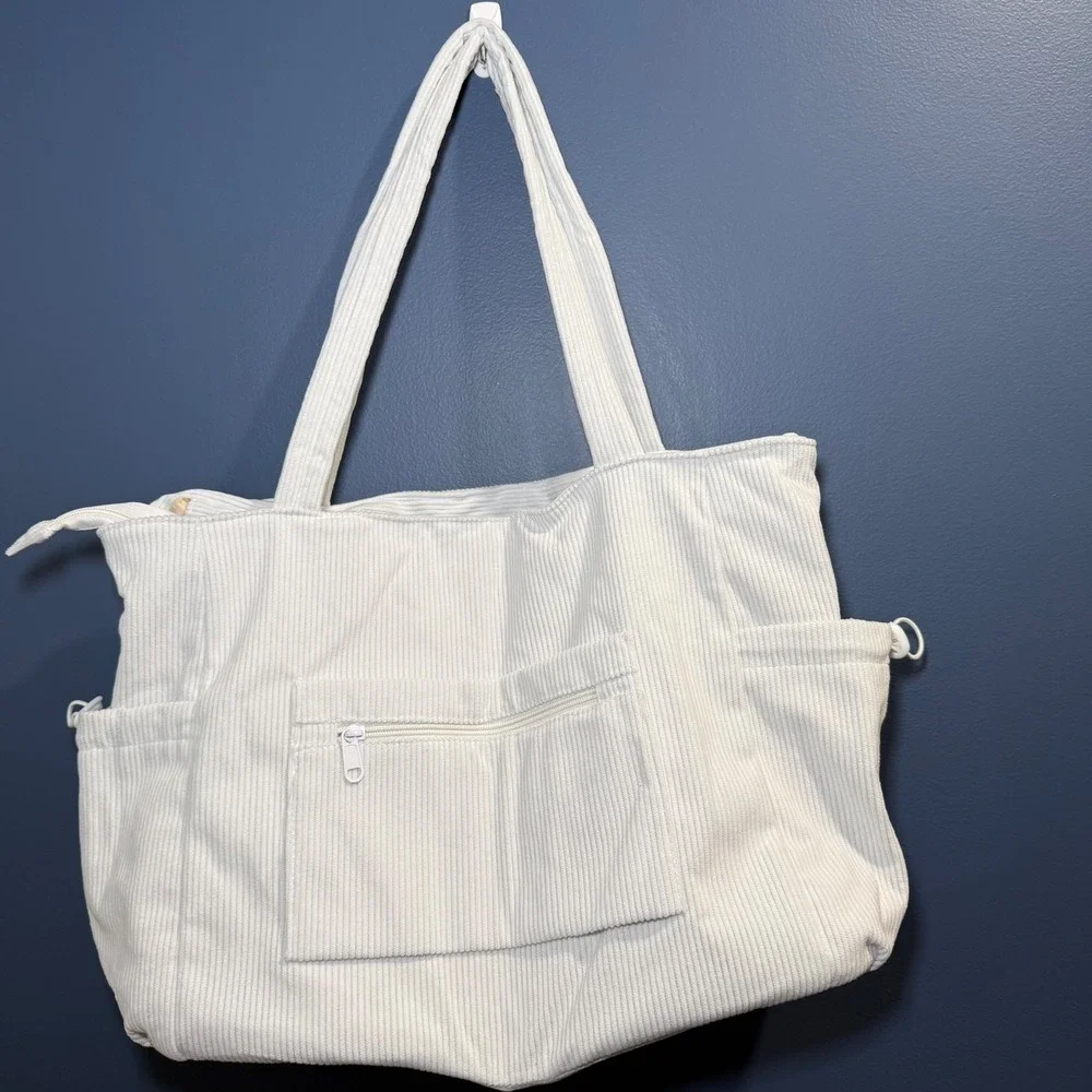 White Corduroy Tote Bag Multi Pocket Laptop Work Travel Shoulder Bag 15.8in